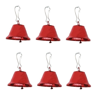 Set of 6 red Christmas metal bells with silver S-hooks for collars and decor