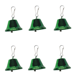 Set of six glossy green Christmas bells with metal hooks for holiday decor and collars