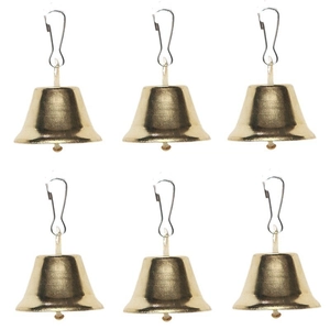 Set of six gold Christmas bells with silver metal spring clips for pet collars and decor