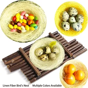 Natural fiber bird nest photography props for Easter decor in beige and yellow