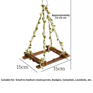 Detailed size chart for the wooden parrot swing bridge with decorative green leaves