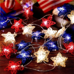 Independence Day Rattan Star LED String Lights Red White Blue Woven Patriotic Fairy Lights Fourth Of July Home Party Decor