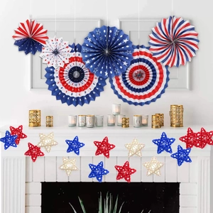 Patriotic red white and blue paper fans and star rattan decorations for Independence Day