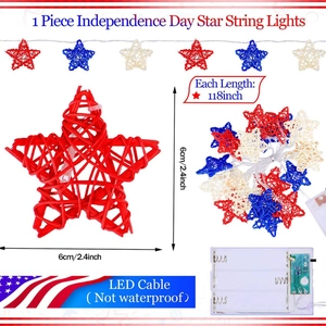 118-inch Independence Day rattan star LED string lights with red white blue stars
