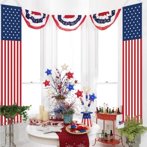 Independence Day patriotic decor with red white and blue star bunting and bunting banners