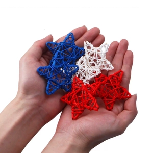 Detail of red, white and blue woven rattan stars for Independence Day party decorations