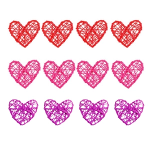 Close-up of twelve colorful woven heart-shaped rattan ornaments for Independence Day decor