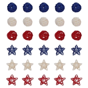 Detail of red white and blue woven rattan stars and balls for Independence Day decor
