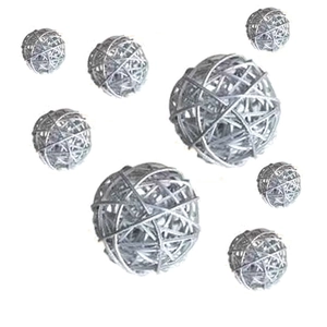 Detailed view of silver woven decorative balls in various sizes on a white background