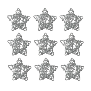 Close-up of nine silver woven star ornaments with intricate cross-weave texture details