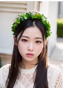 Close-up of children's green leaf and white flower wreath headband for dance performances