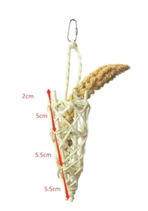 Hanging woven rattan bird toy and foraging basket with millet and metal carabiner