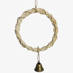 Detail of natural rattan swing with a rustic bronze bell for parrot cages
