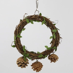 Handmade bird swing with natural pine cones and green leaves for parrots and finches