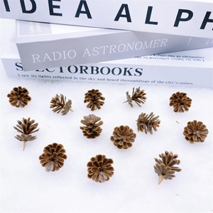 Set of 13 mini brown plastic pinecones with textured scales on a snowy fabric background