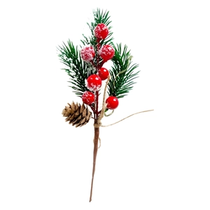 Artificial Christmas pine branch with red berries and snowy pinecone for holiday decor