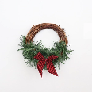 Mini Christmas Wreath With Red Black Buffalo Plaid Bow Green Pine Needles Wood Vine Base Holiday Home Candle Ring Decor