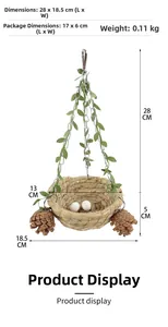 Hanging woven bird nest with metal chains and decorative pinecones for parrots