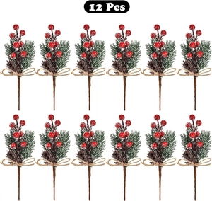 Detailed view of 12 artificial Christmas pine picks with red berries and small pinecones