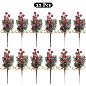 12 Pcs Christmas picks set with red berries pine needles and cones for tree DIY decor