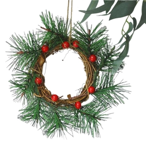 18cm pine needle wreath with red berries and natural vine base for Christmas decor
