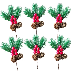 Artificial Christmas Pine Needle Picks With Red Berries And Natural Pine Cones For DIY Gift Box Wrapping Holiday Party Home Decor