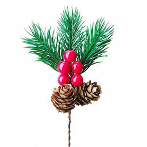 Artificial Christmas pine picks with red berries and cones for DIY holiday decor