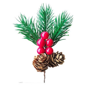 Detailed Christmas pick with green pine needles, red berries and natural pine cones