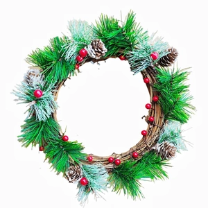 Pine Needle Christmas Wreath With Red Berries And Pine Cones Vine Base Garland For Holiday Candle Holder Base Decoration