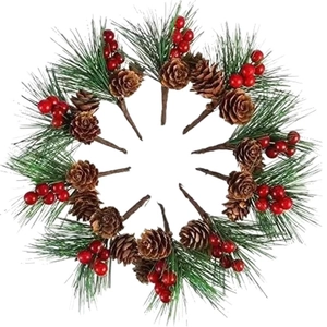 Detailed set of 12 Christmas picks with pine cones, needles and red berries for DIY crafts