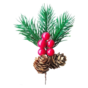 Artificial Christmas pine needles with red berries and pine cones for festive DIY decor
