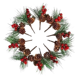 Mini Christmas picks set featuring pine cones, needles, and red berries for festive decor