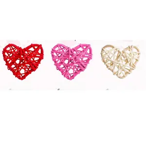 Set of 6 woven heart-shaped rattan decorations in red, pink, and white for crafts