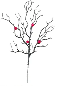 Macro detail of artificial black branches with glossy red berries for Halloween decoration