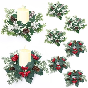 Christmas Candle Ring Wreath Simulated Pine Needle Pine Cone Berry Tabletop Centerpiece Decoration For Xmas Party Home Decor