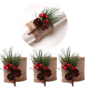 Christmas burlap napkin rings set with white lace red berries pine cones and needles