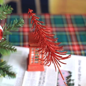Ramo di pigna rossa glitterata per decorazione albero di Natale e addobbi festivi da tavolo