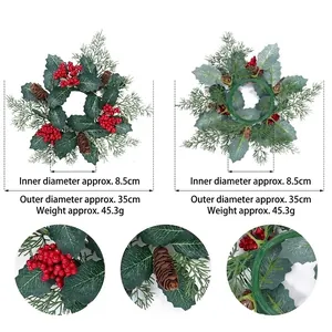 Christmas wreath candle ring with red berries and pine cones for holiday table decor