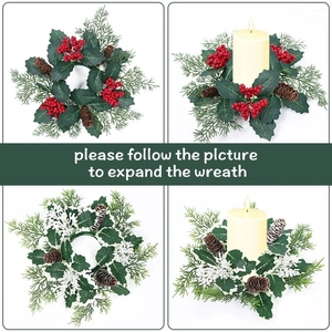 Christmas candle ring wreath with pine cones and red berries on a white background