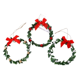 Set of 3 Christmas mini wreaths with red bows and colorful ornaments for festive decor