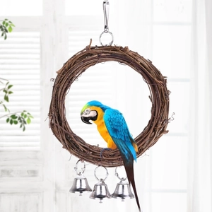 Hanging parrot swing with natural rattan ring, simulated macaw and colorful metal bells