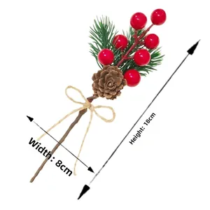 Christmas pine needle berry branch with pine cones and burlap bow decoration 18cm