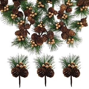 Artificial Christmas Pine Branch Decoration With Natural Pinecones And Golden Berries For Xmas Tree DIY Gift Box Accessories