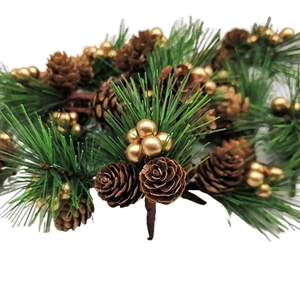 Artificial Christmas pine needles branch with natural pine cones and golden berries