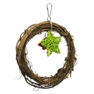 Parrot swing toy with woven rattan ring, green grass star and small red bell