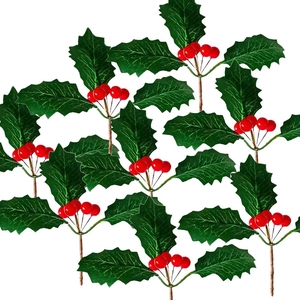 Artificial Christmas Holly Berries Red Berry Branches With Green Leaves For DIY Wreath Garland Tree Decoration Plastic Plants