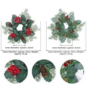 Detail view of 35cm Christmas berry wreath showing pine cones and dimensions