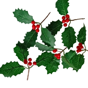 Artificial red holly berry stems with green leaves for Christmas tree decoration