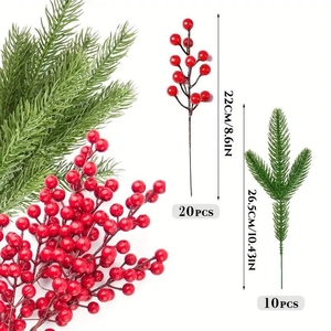 Detailed view of 22cm red artificial berries and 26.5cm green pine needles with dimensions