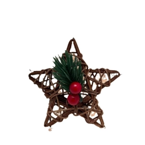 Star-shaped rattan Christmas ornament with pine needles, red berries and warm LED lights